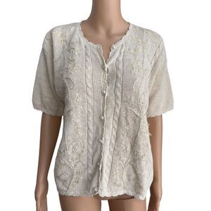 Vintage T.R. Bentley Short Sleeve Embroidered Cardigan Sweater Cream/Ivory sz L